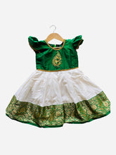 Green with Off-white pattu Frock