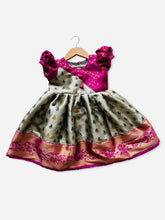 Grey with magenta Banarasi Pattu Frock