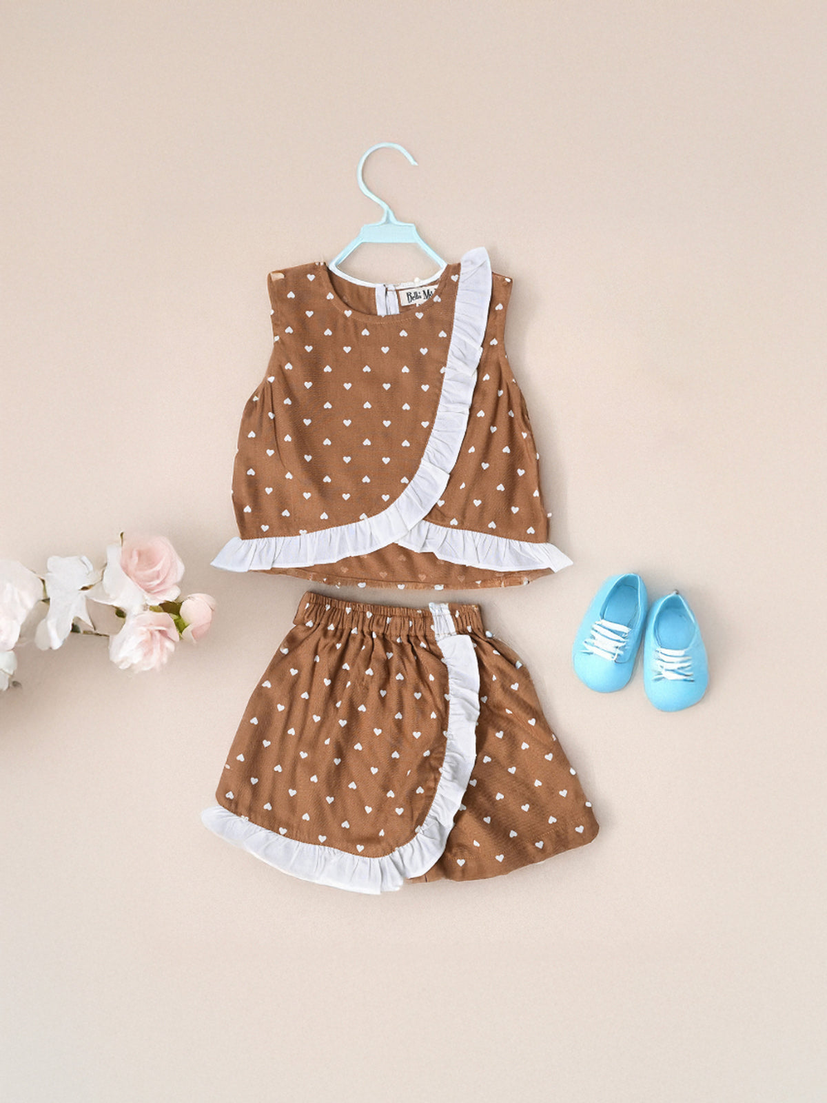 Brown Heart Print Ruffle Co-ord Set